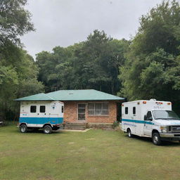 A well-equipped rural clinic nestled in greenery with an advanced ambulance parked nearby.