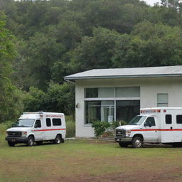 A well-equipped rural clinic nestled in greenery with an advanced ambulance parked nearby.