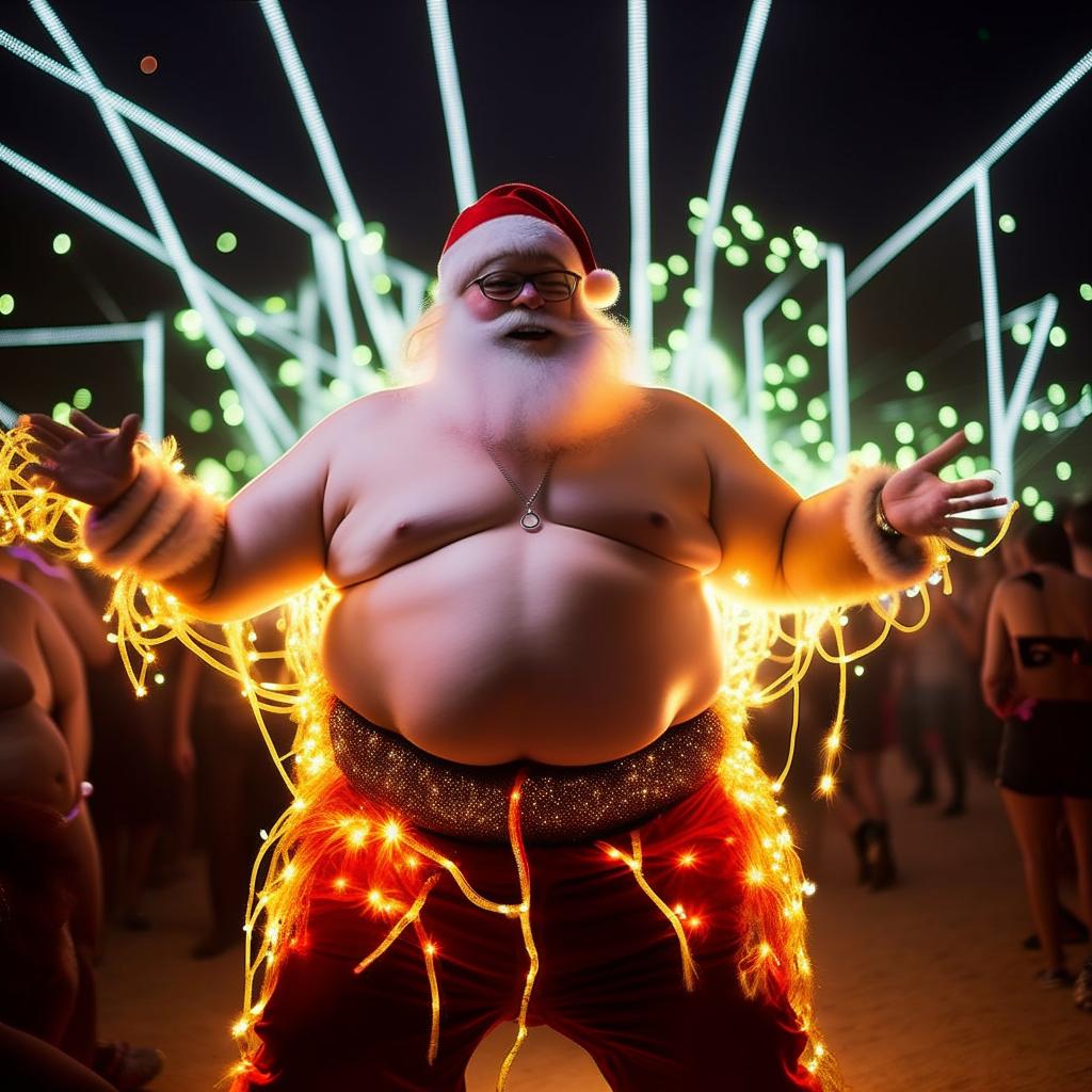 A shirtless, extremely plump, overly jolly Santa at a night-time rave at Coachella, adorned with a vibrant glow stick necklace. He is performing a hypnotic gloving dance, creating enchanting light trails and a mesmerizing spectacle.