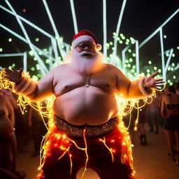 A shirtless, extremely plump, overly jolly Santa at a night-time rave at Coachella, adorned with a vibrant glow stick necklace. He is performing a hypnotic gloving dance, creating enchanting light trails and a mesmerizing spectacle.