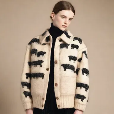 The designer incorporated the baa of sheep into the print of a luxurious woolen jacket.