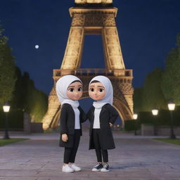 DreamWorks Animation-inspired 3D scene set at night by the Eiffel Tower. Features a male teenager in a black jacket labelled 'Farhan', and a woman in a white hijab and jacket labelled 'Wulan'. Both being depicted in a charming, cute style.