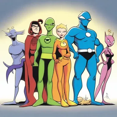 The cartoon depicted a group of disparate characters, including a talking animal, a superhero, and an alien.