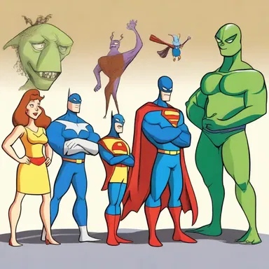 The cartoon depicted a group of disparate characters, including a talking animal, a superhero, and an alien.