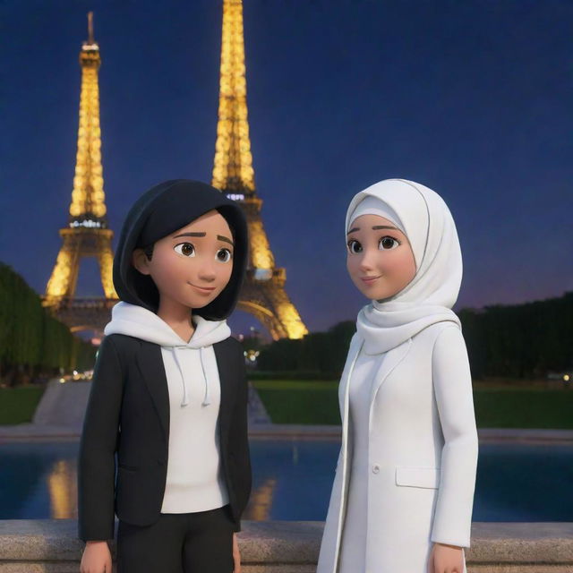 DreamWorks Animation-inspired 3D scene set at night by the Eiffel Tower. Features a male teenager in a black jacket labelled 'Farhan', and a woman in a white hijab and jacket labelled 'Wulan'. Both being depicted in a charming, cute style.