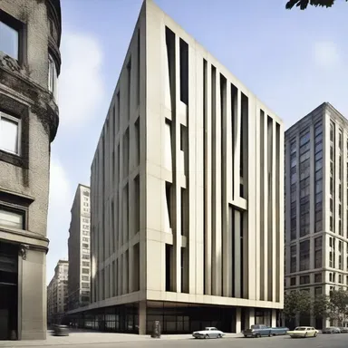 The modernist building stood out in the cityscape, its design reflecting a disparate style from the surrounding traditional architecture.
