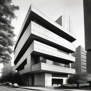 The modernist building stood out in the cityscape, its design reflecting a disparate style from the surrounding traditional architecture.