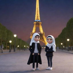 DreamWorks Animation-inspired 3D scene set at night by the Eiffel Tower. Features a male teenager in a black jacket labelled 'Farhan', and a woman in a white hijab and jacket labelled 'Wulan'. Both being depicted in a charming, cute style.