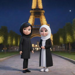 DreamWorks Animation-inspired 3D scene set at night by the Eiffel Tower. Features a male teenager in a black jacket labelled 'Farhan', and a woman in a white hijab and jacket labelled 'Wulan'. Both being depicted in a charming, cute style.