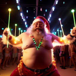 A shirtless, extremely plump, overly jolly Santa at a night-time rave at Coachella, adorned with a vibrant glow stick necklace. He is performing a hypnotic gloving dance, creating enchanting light trails and a mesmerizing spectacle.