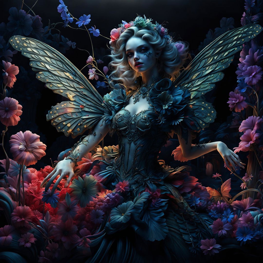 Hyper-realistic 3D image of an evil rococo fairy in a vibrant floral gown in a dark, eerie garden at twilight.