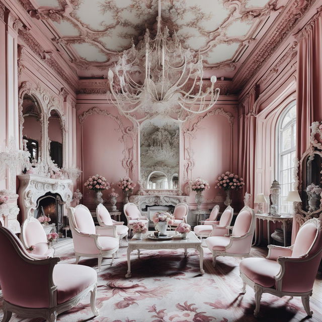 A Rococo-style parlour room in white and pink hues with floral accents, white gilded moldings, crystal chandelier, white velvet furniture, ornate fireplace, floral Persian rug, and large windows draped with pink silk curtains.