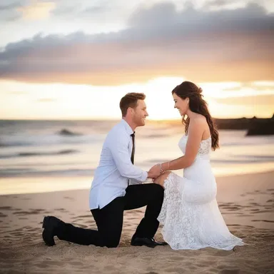 Sarah smiled victoriously as James got down on one knee and proposed to her beneath the sunset.