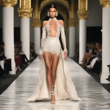 The model strutted down the runway, victoriously flaunting the designer's latest creation.