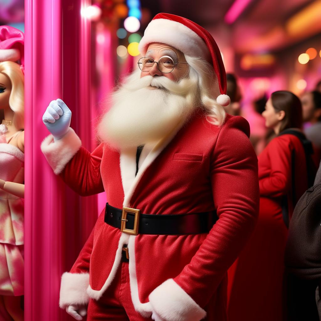 Santa Claus wearing Barbie-inspired fashionable attire, excitedly waiting in line for the Barbie movie premiere