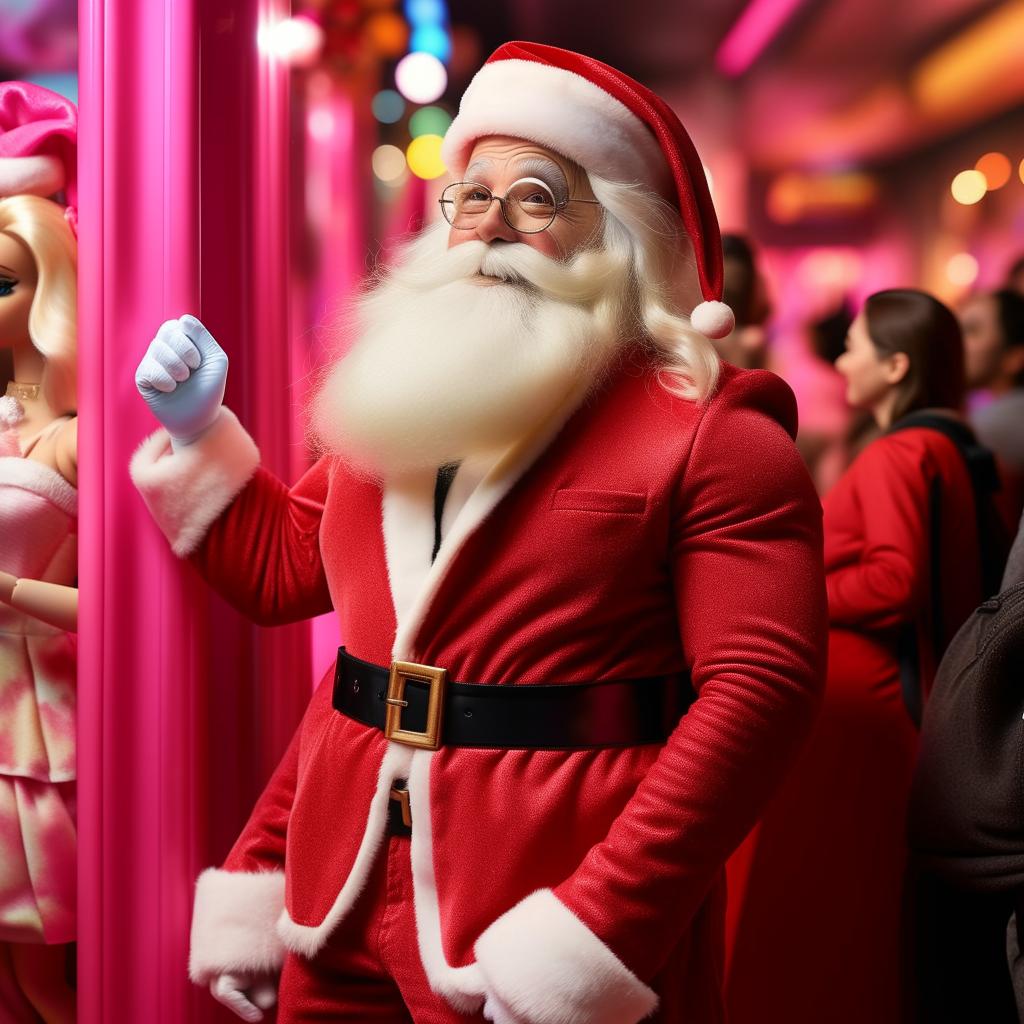 Santa Claus wearing Barbie-inspired fashionable attire, excitedly waiting in line for the Barbie movie premiere