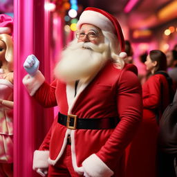 Santa Claus wearing Barbie-inspired fashionable attire, excitedly waiting in line for the Barbie movie premiere