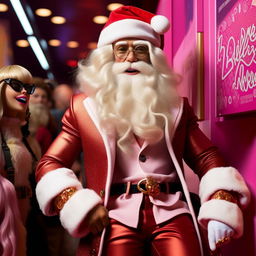 Santa Claus wearing Barbie-inspired fashionable attire, excitedly waiting in line for the Barbie movie premiere