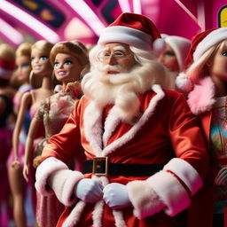 Santa Claus wearing Barbie-inspired fashionable attire, excitedly waiting in line for the Barbie movie premiere