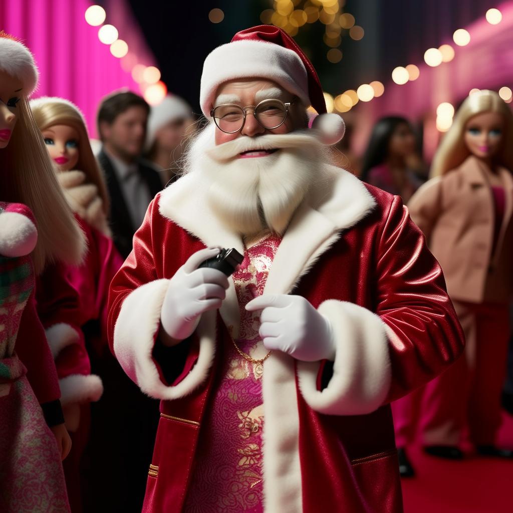 Santa Claus wearing Barbie-inspired fashionable attire, excitedly waiting in line for the Barbie movie premiere