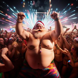 A shirtless, euphoric, and overweight Santa in the heart of a massive, energetic crowd at Coachella. As the DJ drops the base, he throws his fists in the air, creating splendidly colorful light trails from his glowstick necklace.