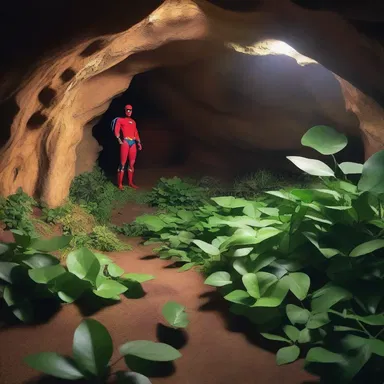 The superhero's secret hideout is hidden in a cave surrounded by xerophile plants.