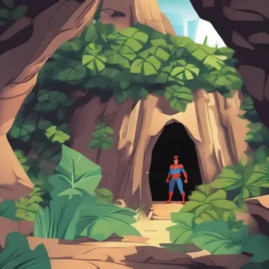 The superhero's secret hideout is hidden in a cave surrounded by xerophile plants.