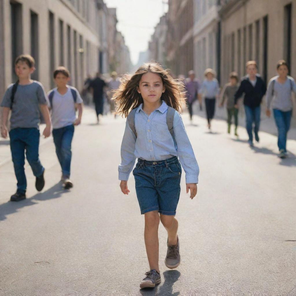 A young girl confidently striding down a city street, with a group of boys trailing behind her