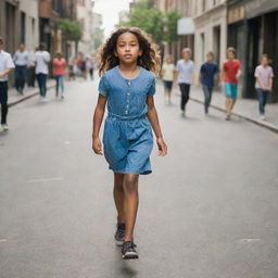 A young girl confidently striding down a city street, with a group of boys trailing behind her