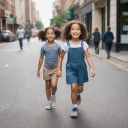 A young girl confidently striding down a city street, with a group of boys trailing behind her