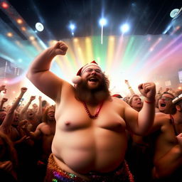 A shirtless, euphoric, and overweight Santa in the heart of a massive, energetic crowd at Coachella. As the DJ drops the base, he throws his fists in the air, creating splendidly colorful light trails from his glowstick necklace.