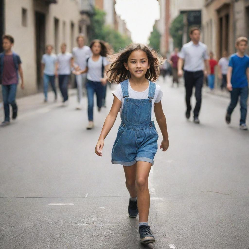 A young girl confidently striding down a city street, with a group of boys trailing behind her