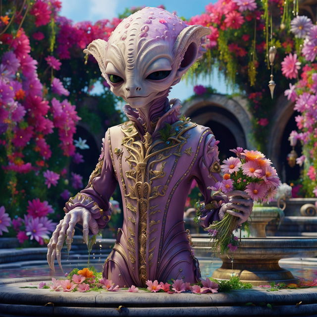 A Rococo-inspired alien smelling vibrant flowers in a colorful courtyard in a hyper-realistic 3D rendering.