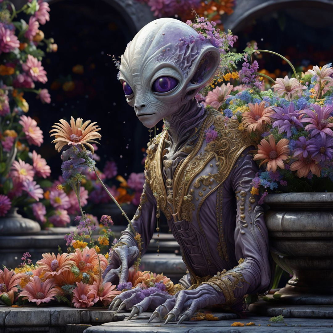 A Rococo-inspired alien smelling vibrant flowers in a colorful courtyard in a hyper-realistic 3D rendering.