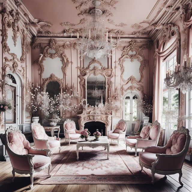 An immaculately clean Rococo-style parlour room bathed in natural light, with white and pink hues, floral accents, white gilded moldings, crystal chandelier, white velvet furniture, ornate fireplace, floral Persian rug, and large windows draped with pink silk curtains.