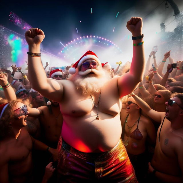 A shirtless, euphoric, and overweight Santa in the heart of a massive, energetic crowd at Coachella. As the DJ drops the base, he throws his fists in the air, creating splendidly colorful light trails from his glowstick necklace.