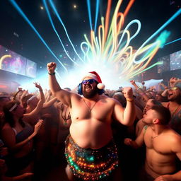 A shirtless, euphoric, and overweight Santa in the heart of a massive, energetic crowd at Coachella. As the DJ drops the base, he throws his fists in the air, creating splendidly colorful light trails from his glowstick necklace.