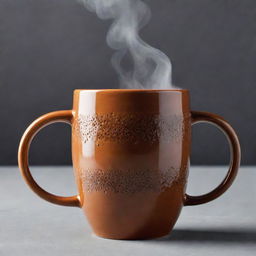 An intricately designed ceramic coffee mug with steam wafting from the hot drink it holds