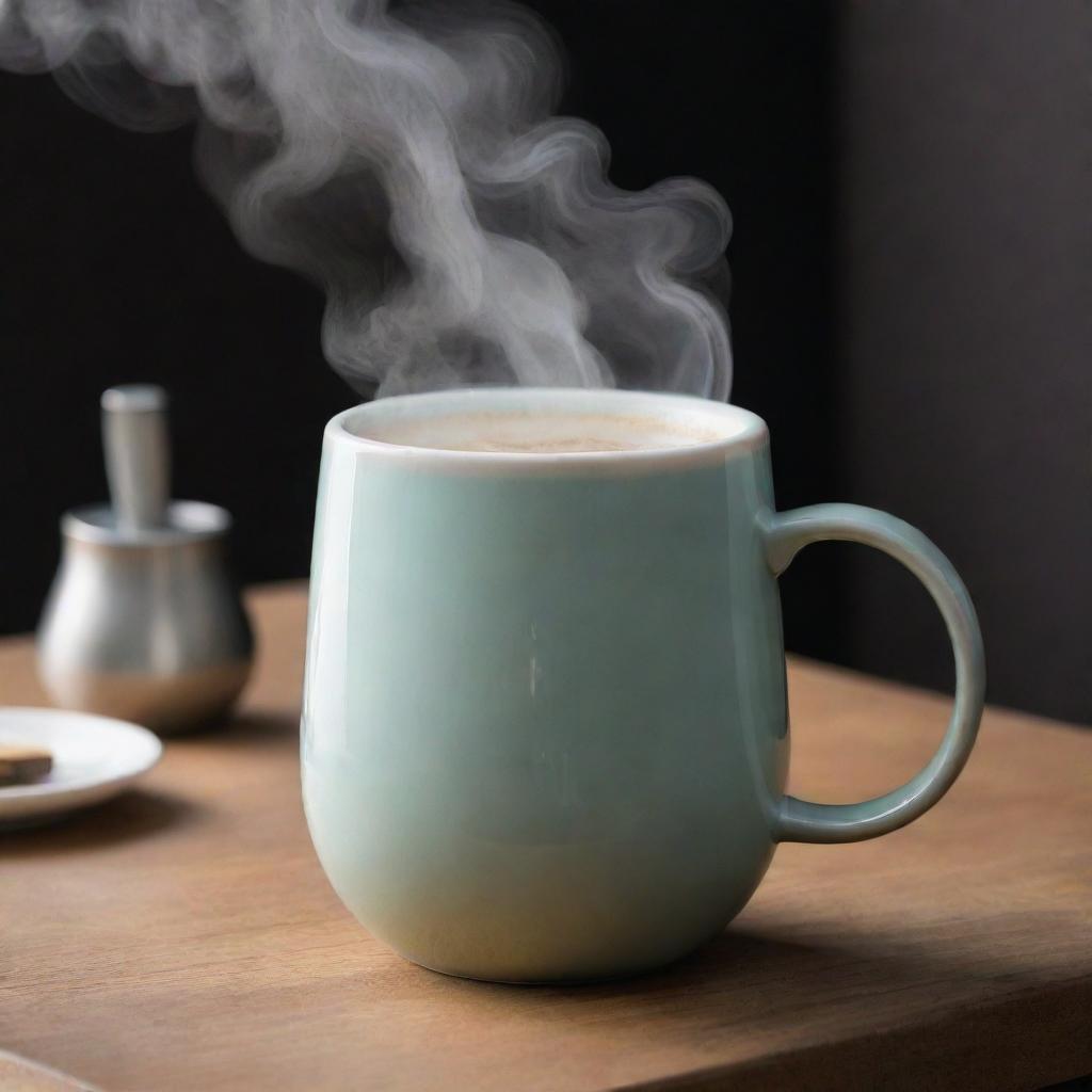 An intricately designed ceramic coffee mug with steam wafting from the hot drink it holds