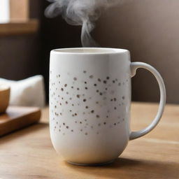 An intricately designed ceramic coffee mug with steam wafting from the hot drink it holds