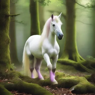 In the enchanted forest, the unicorn's hooves clumped softly on the mossy ground as it gracefully moved through the trees.