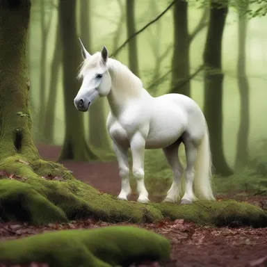 In the enchanted forest, the unicorn's hooves clumped softly on the mossy ground as it gracefully moved through the trees.