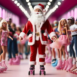 A realistic image of Santa Claus decked out in a Barbie roller skating outfit, eagerly standing in line for the Barbie movie premiere