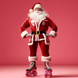 A realistic image of Santa Claus decked out in a Barbie roller skating outfit, eagerly standing in line for the Barbie movie premiere