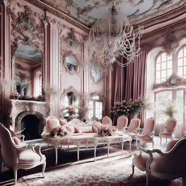 A cinematic view of the Rococo-style living room in the same house, bathed in natural light, with white and pink hues, floral accents, white gilded moldings, crystal chandelier, white velvet furniture, ornate fireplace, floral Persian rug, and large windows draped with pink silk curtains.