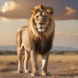 A majestic, realistic lion standing in the golden African savannah with a sunlit sky in the backdrop.