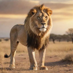 A majestic, realistic lion standing in the golden African savannah with a sunlit sky in the backdrop.