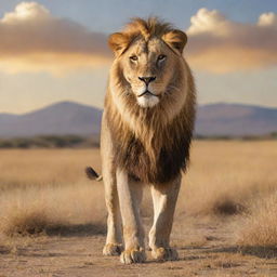 A majestic, realistic lion standing in the golden African savannah with a sunlit sky in the backdrop.