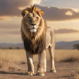 A majestic, realistic lion standing in the golden African savannah with a sunlit sky in the backdrop.