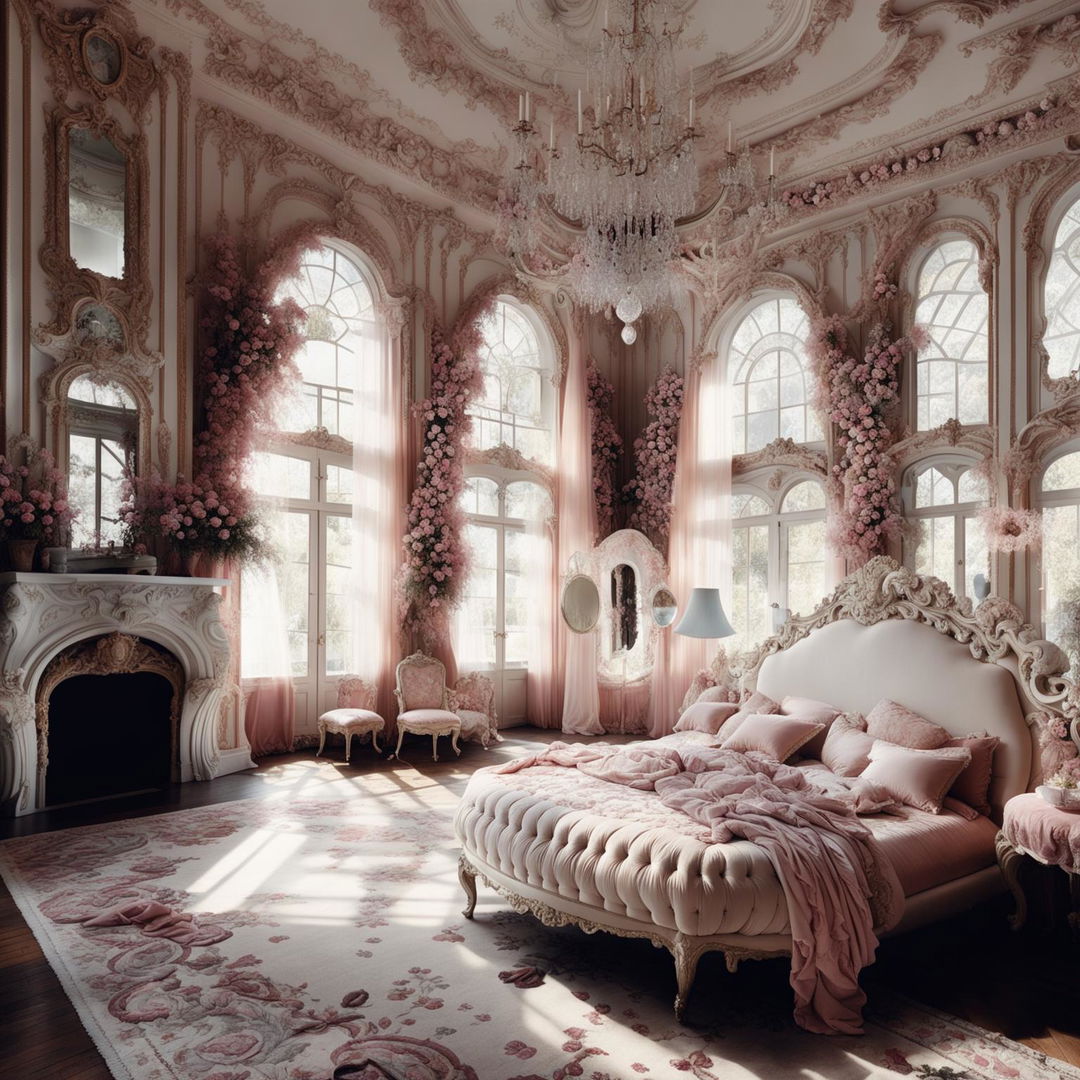 A cinematic view of the Rococo-style master bedroom in the same house, bathed in natural light, with white and pink hues, floral accents, white gilded moldings, crystal chandelier, white velvet bed, ornate fireplace, floral Persian rug, and large windows draped with pink silk curtains.